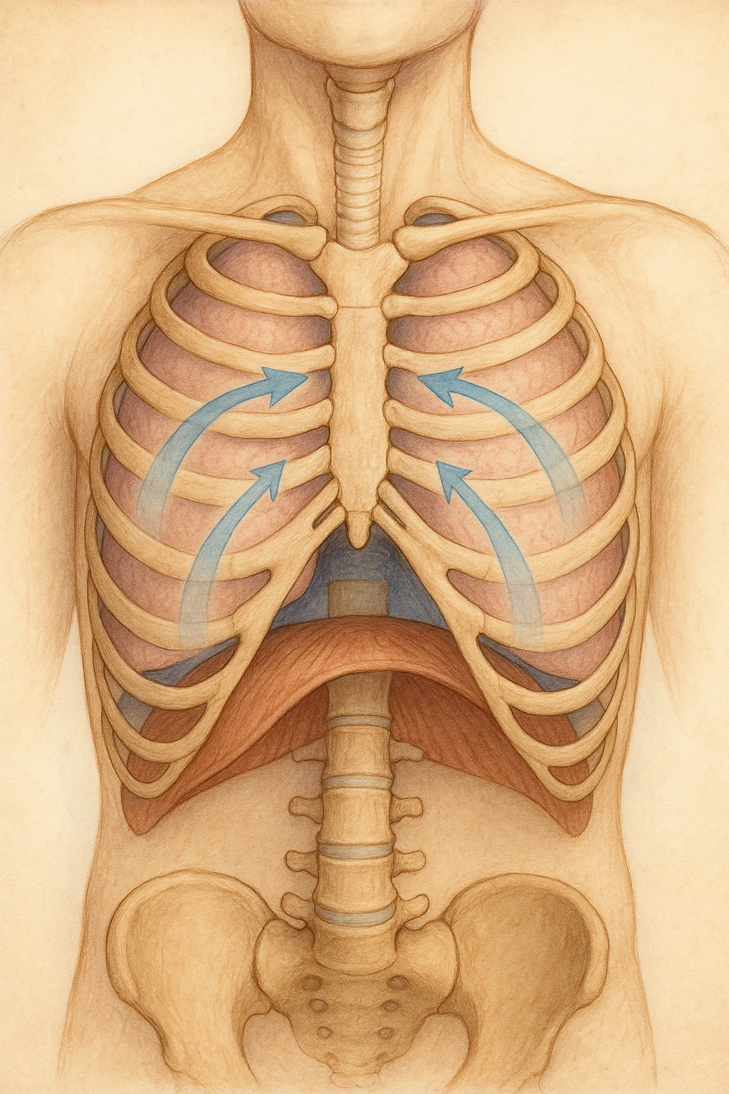 A realistic, high-quality anatomical illustration showing a human torso with visible rib cage and diaphragm. The ribs are shown in a decompressed, expanded state, allowing full lung expansion, while the diaphragm is depicted as relaxed and lowered, indicating deep, efficient breathing. Soft blue and warm tones highlight airflow and lung capacity, with light arrows illustrating the air movement during diaphragmatic breathing. The image conveys a sense of calm, openness, and optimal breathing mechanics, useful for physiotherapy, breathing education, and osteopathic learning contexts realistica emoji