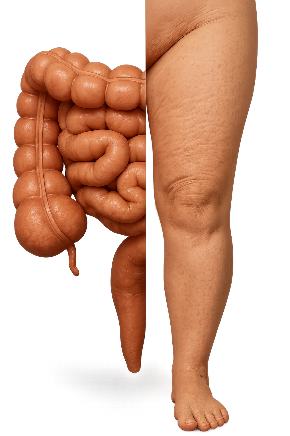 metà immagine: intestino umano anatomico, metà immagine: gambe con buccia d’arancia e cellulite, iperrealistica 4k
 emoji