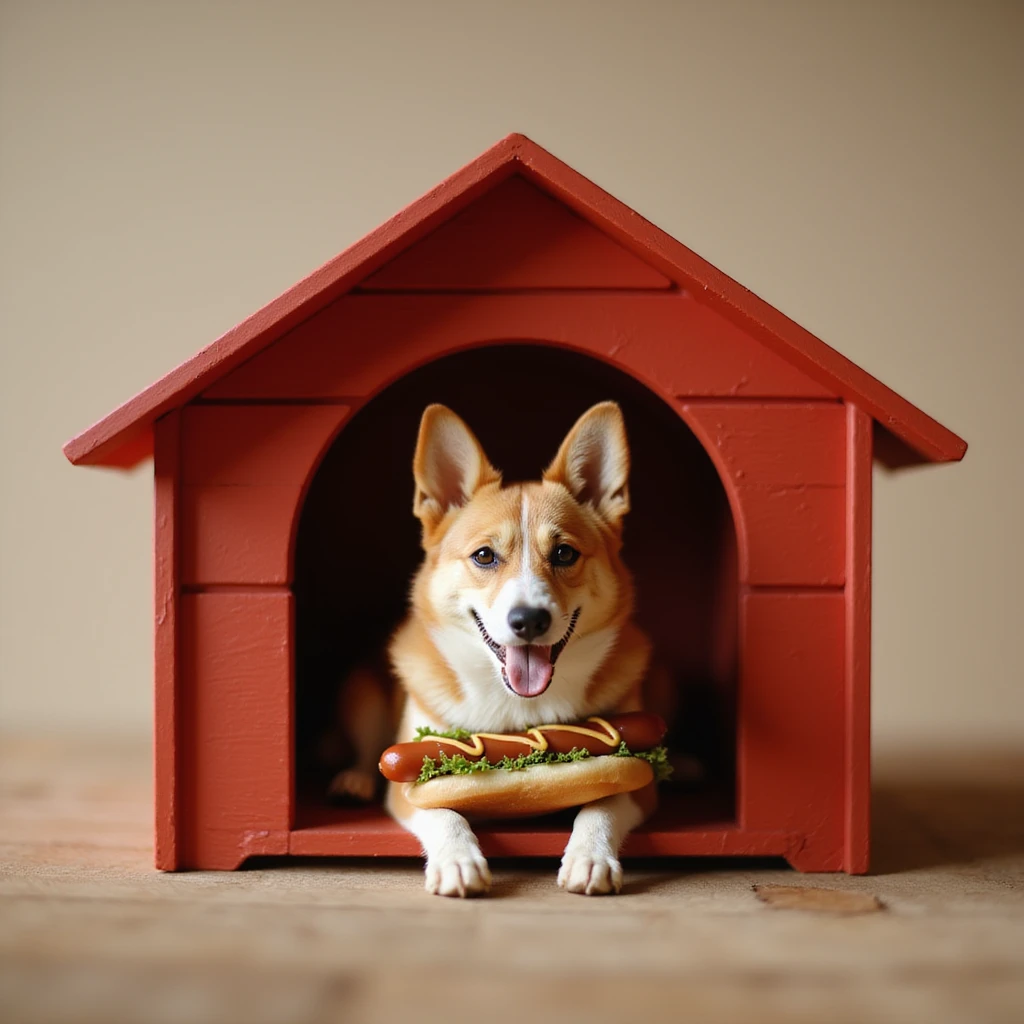 realistic red dog house with a Corgi dog inside, Corgi with a hot dog, photorealistic style emoji