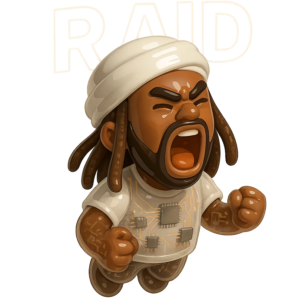 Brownskin man with long brown dreadlocks 
white  t-shirt 
White turban 
expression is yelling 
Add the word RAID  emoji