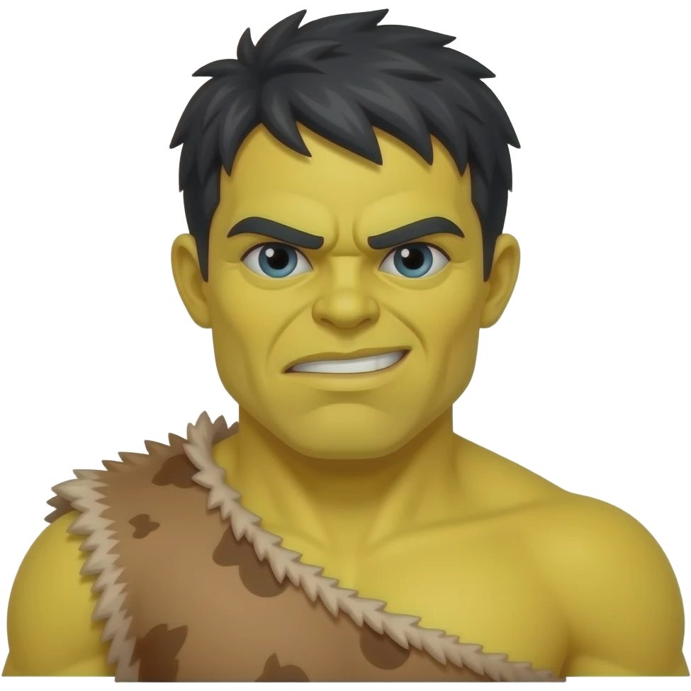 a Hulk wearing ancient animal skin cloth, half body, icon, yellow skin emoji