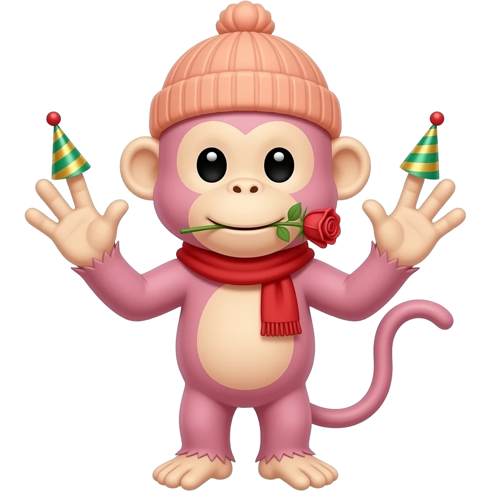 A light pink monkey with no legs wearing a red scarf, peachy colored beanie, mini green and gold striped party hats on the tip of its three fingers on each hand and a rose in its mouth and it has no legs emoji