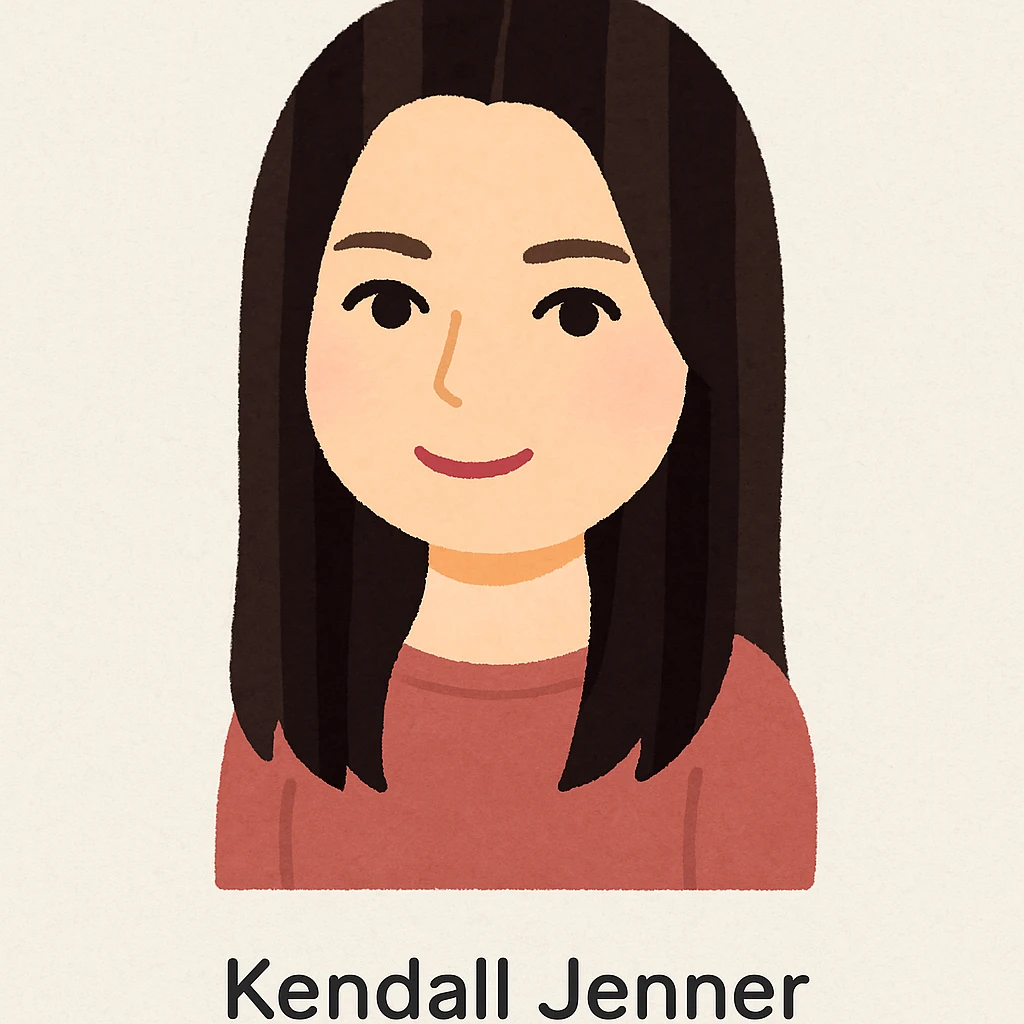 Kendall Jenner's head in Irasutoya style, gentle eyes, long straight hair, cute and approachable emoji