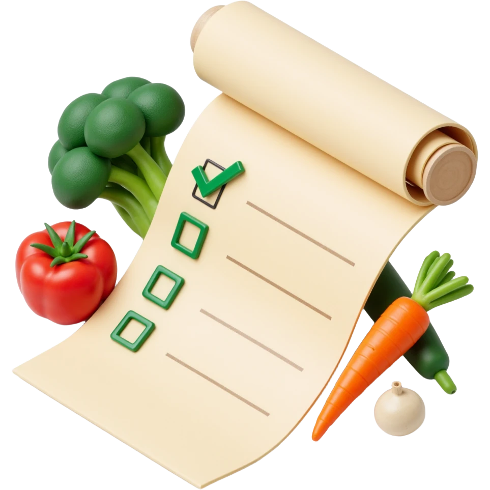 floating rolled paper list with green checkboxes and around vegetables emoji