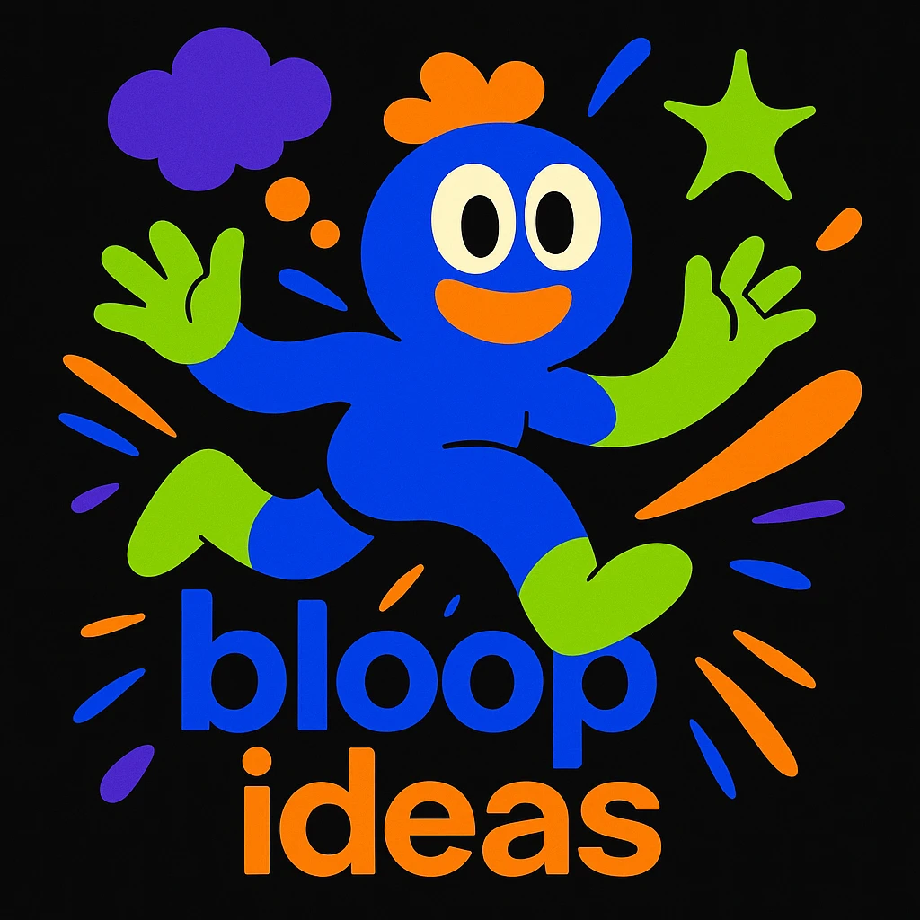 imaginative abstract mascot for a black website, playful and energetic, thought bubbles and dynamic shapes to represent creativity and movement, vibrant colors, creative tech portfolio, includes tagline 'bloop ideas' emoji
