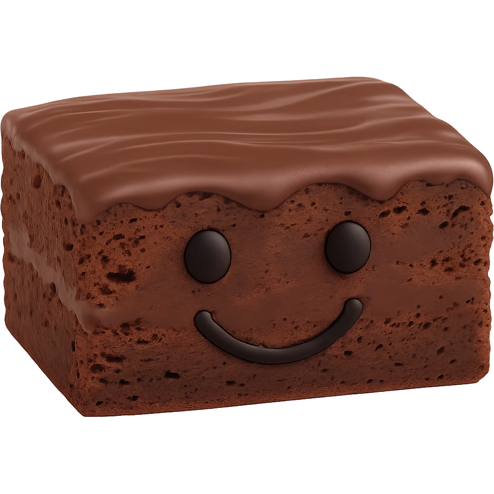 Make the chocolate brownie shorter and more rectangular, less square. Keep the black smiley face and both black eyes exactly as they are. Maintain the transparent background. The style should resemble the original chocolate brownie image provided. emoji