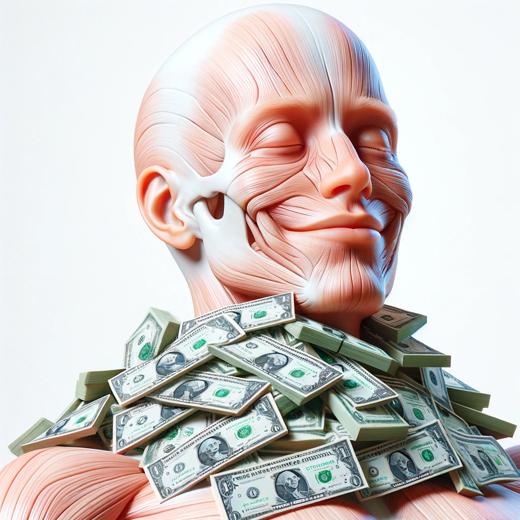 corpo umano anatomico sereno e felice con una montagna di banconote davanti al viso, espressione stupita, iperrealistica 4k, isolato su sfondo bianco emoji