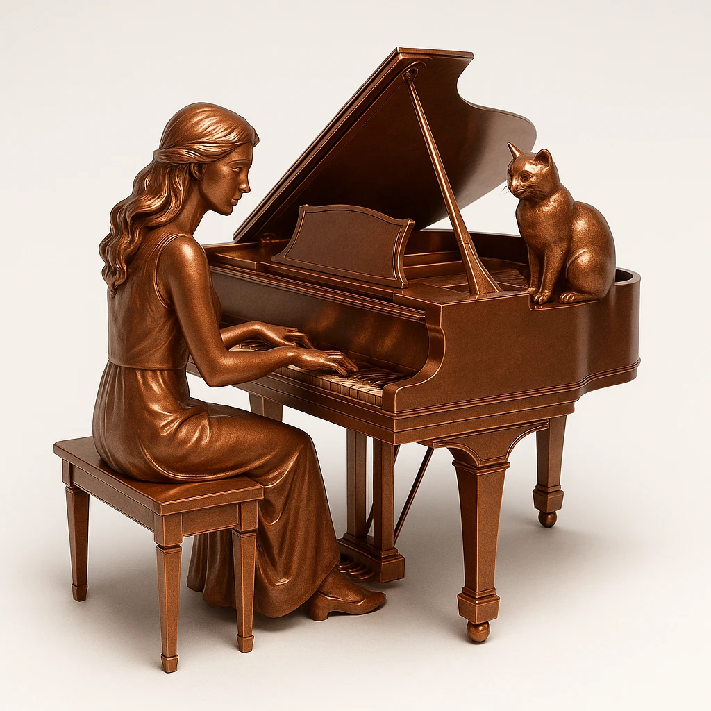 woman playing piano while her cat sits on top of the piano emoji