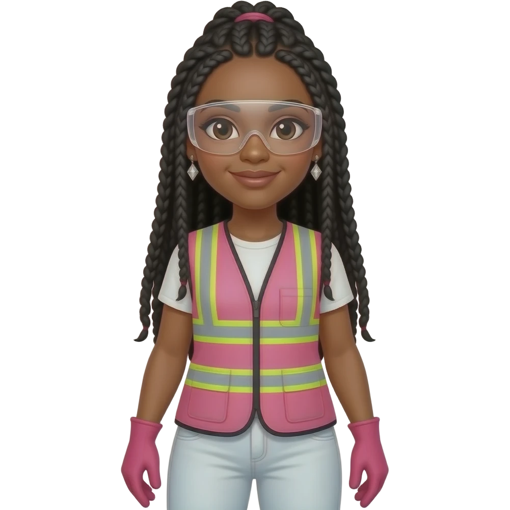 light skin woman with brown eyes with long black box braids wearing diamond earrings wearing pink and clear safety glasses wearing a pink construction vest wearing white pans wearing pink construction vest wearing white pants wearing pink construction gloves emoji