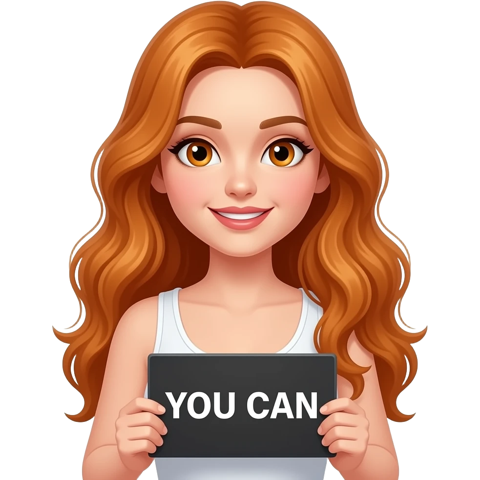 sexy girl with long wavy ginger hair and ginger eyes wearing a white tanktop is holding a black colored sign with YOU CAN written on it emoji