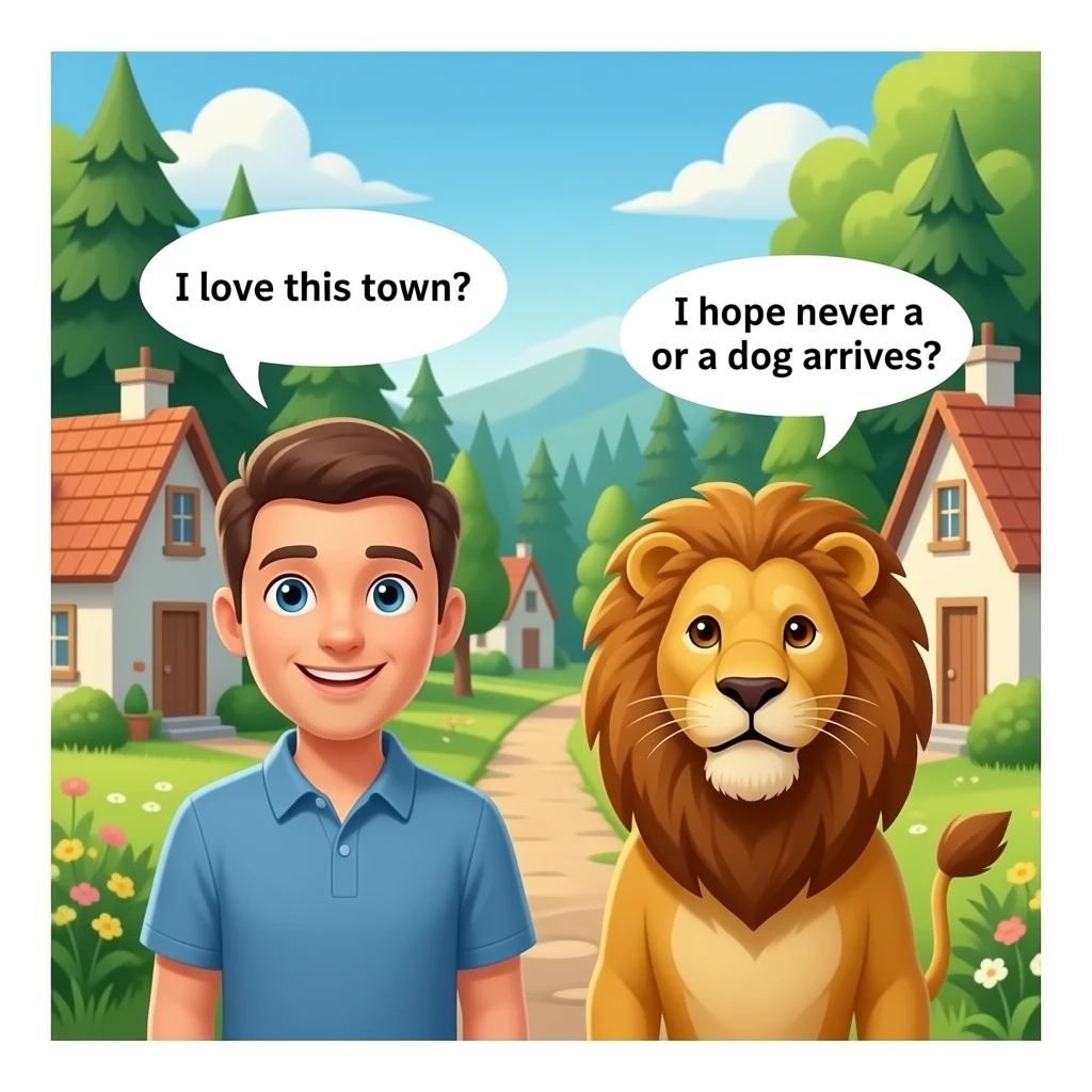 un publo con un bosque y casa de epoca 2026 con personas que sea realistas que una person diga en ingles:me encanta ese pueblo y otra persona que diga:espero que nunca llege un leon o un perrro  pero que no apareccan en la imagen solo las personas normales emoji