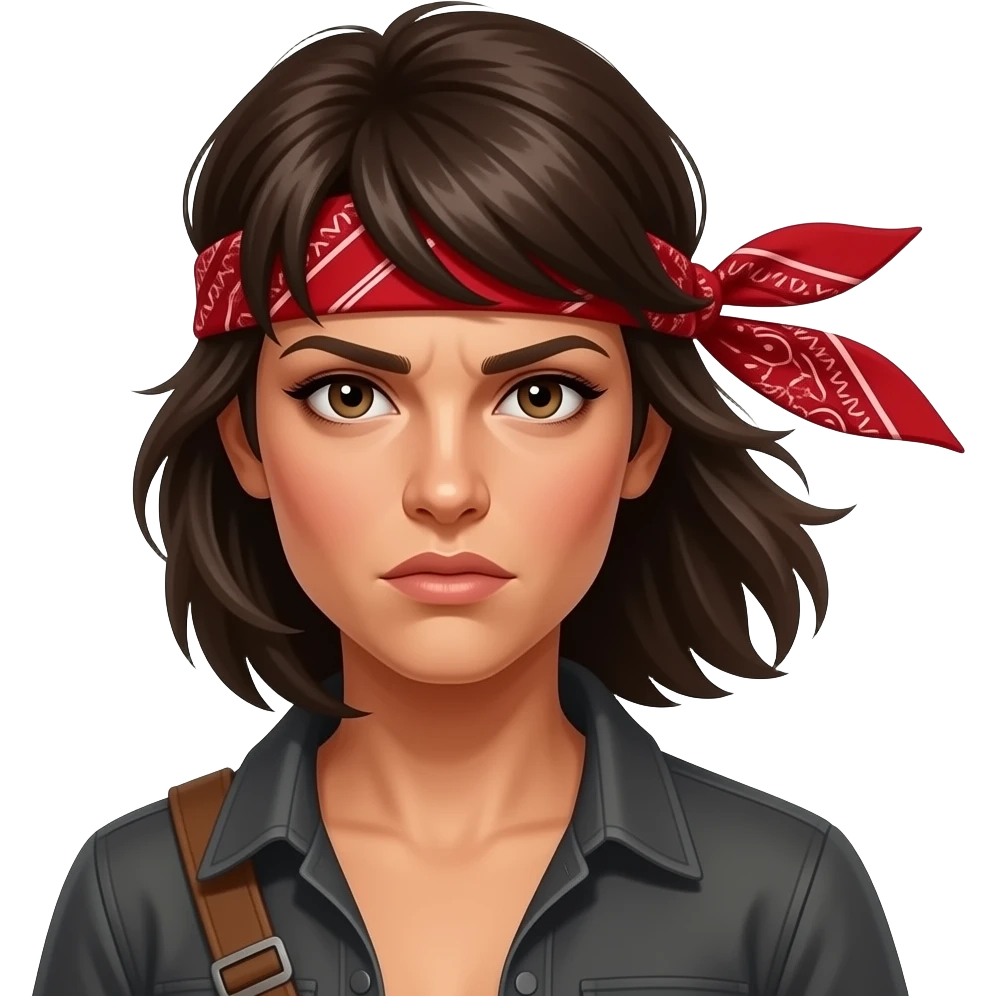 petite tete femme avec un bandeau rouge autour du front déterminé comme rambo le bandeau au vent emoji