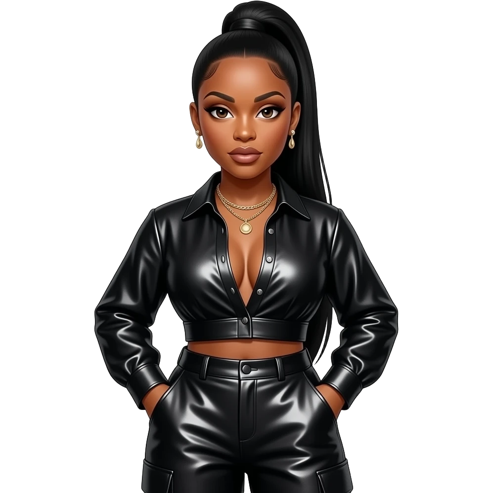 Missy Elliott with dark brown eyes, long black straight high ponytail hair, black metallic blouse, black metallic long baggy pants, necklace and earrings emoji
