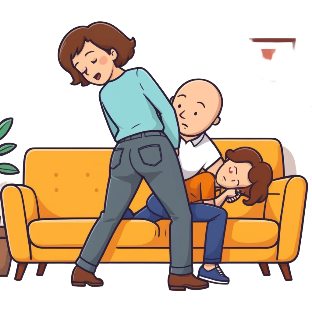  One Caucasian woman with brown hair, big boobs, wearing pants. Bent over couch. Bald man is humping her butt. emoji