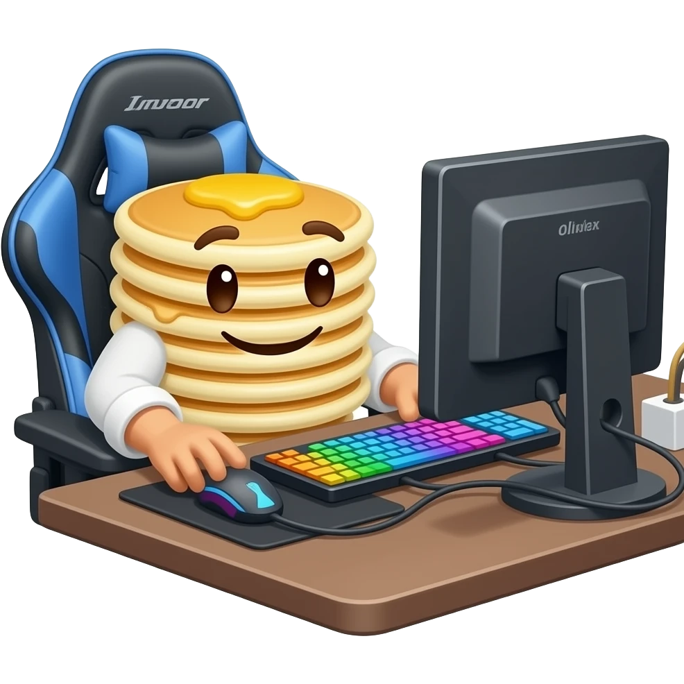 Блин 🥞 сидит за игровым пк и играет, он улыбается emoji
