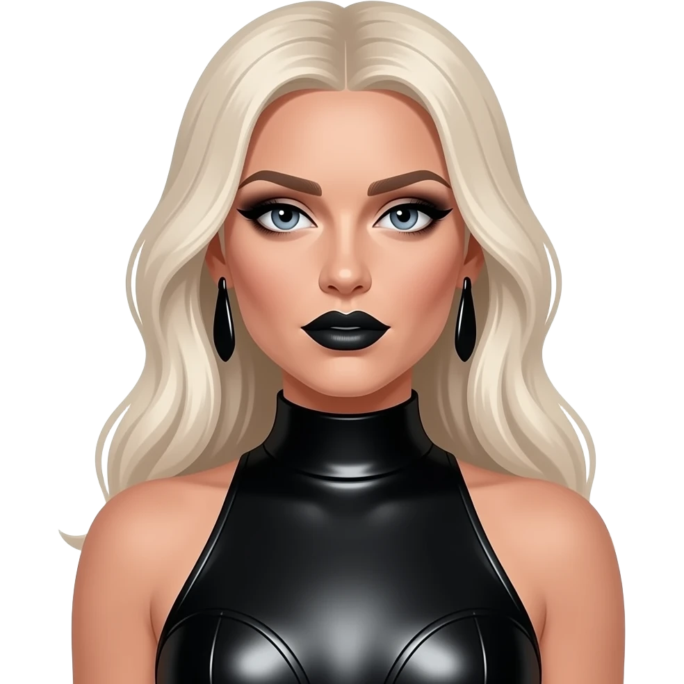 Ke$ha with grey-blue eyes, long platinum blonde hair, black eyeshadow, black lipstick, black metallic high neck dress, black earrings emoji