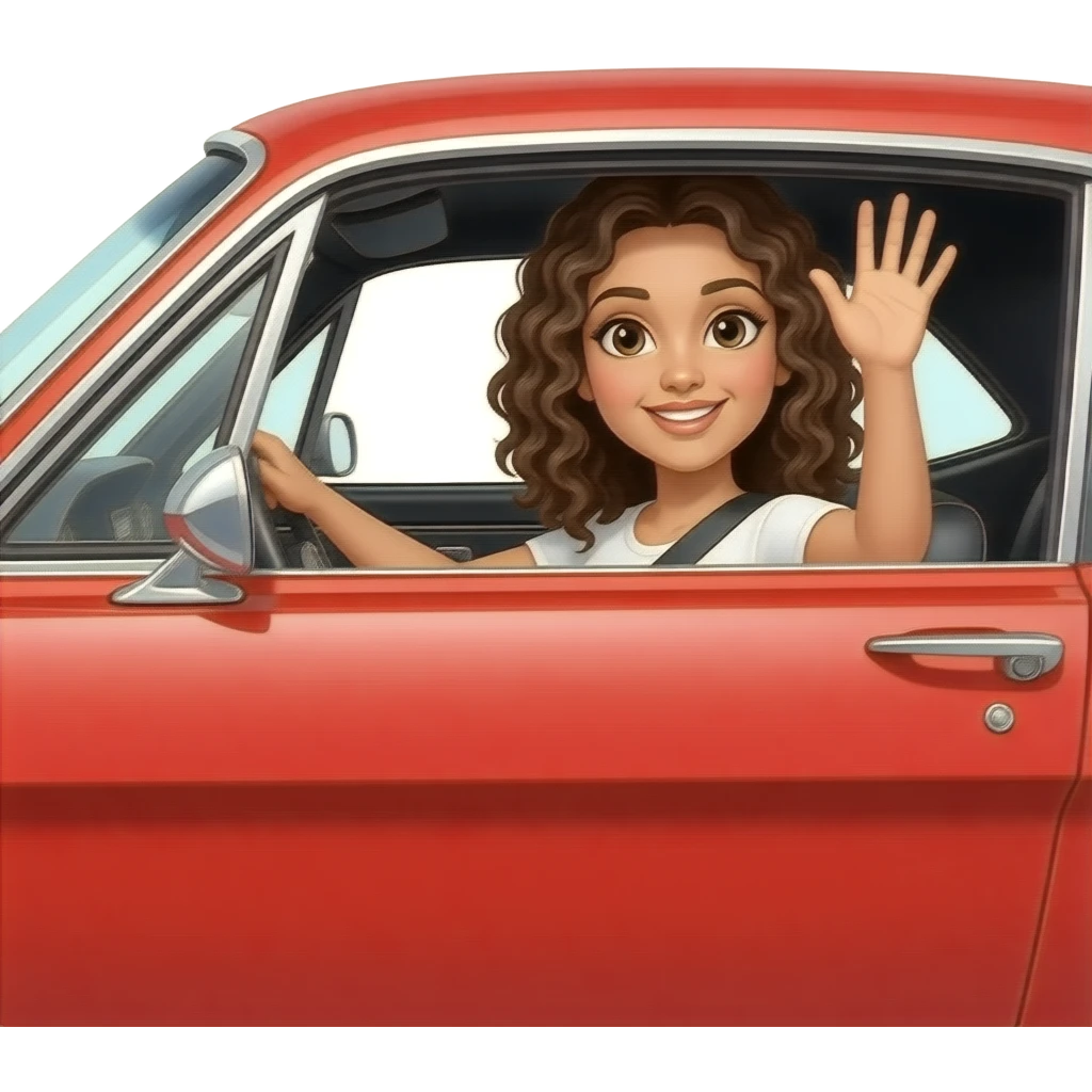 White girl with black curly hair driving a red Ford Mustang 1968 coupe and waving through the window. emoji
