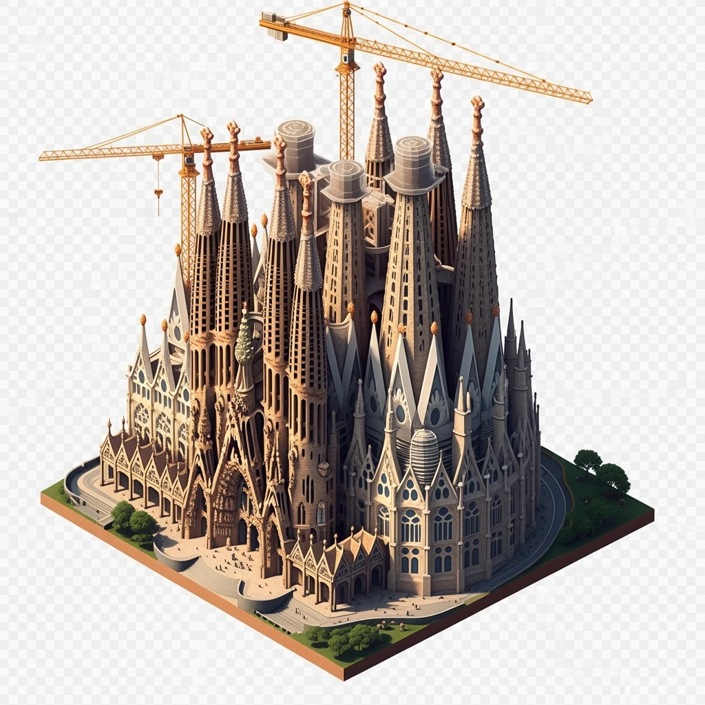 Isometric illustration photorealistic Sagrada Familia, highly detailed in semi-realistic style, balanced between stylized and realistic, 3D miniature effect, transparent background. emoji