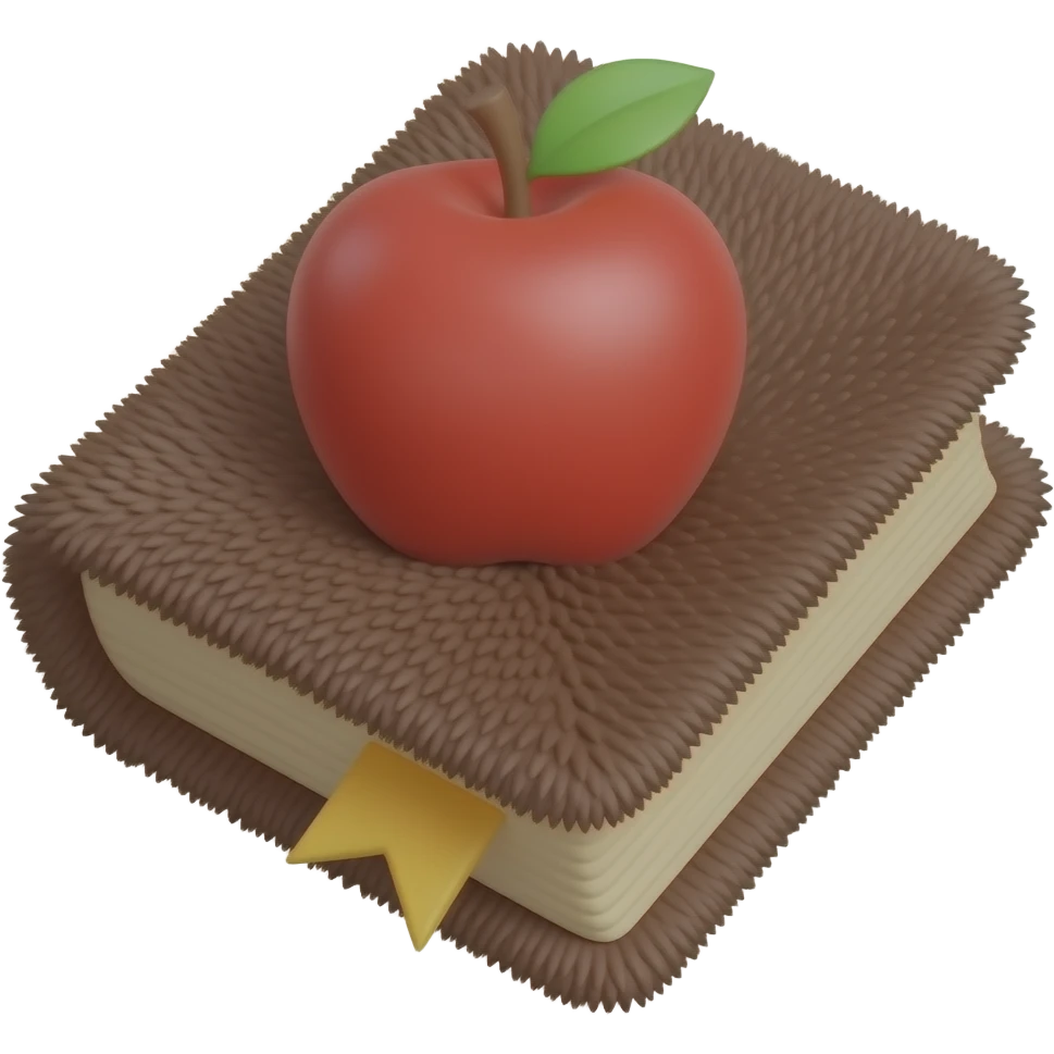 3D emoji-style magical book, viewed from the page edge (page block side), thick brown furry-covered book, soft fur texture on the cover edges, apple emoji style emoji