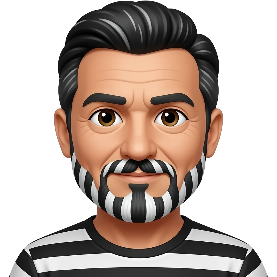 45 year old man with black and little white strips of hair and dark brown eyes with a black and white strips of hair in mustache and black and white strips of hair in the bread emoji