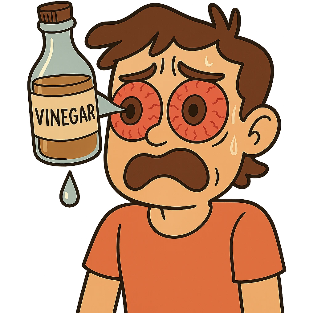 A cartoon style illustration of a vinegar bottle with a drip of liquid falling directly into a person's big, reddened, expressive eyes. The image is clear and expressive with no background. The style is cartoonish and vivid, focusing on the vinegar bottle and the eyes with a visible drip of liquid. emoji