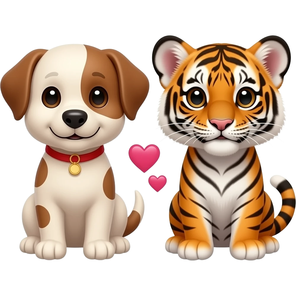 puppy dog and tiger cub with small joined love hearts  in between emoji