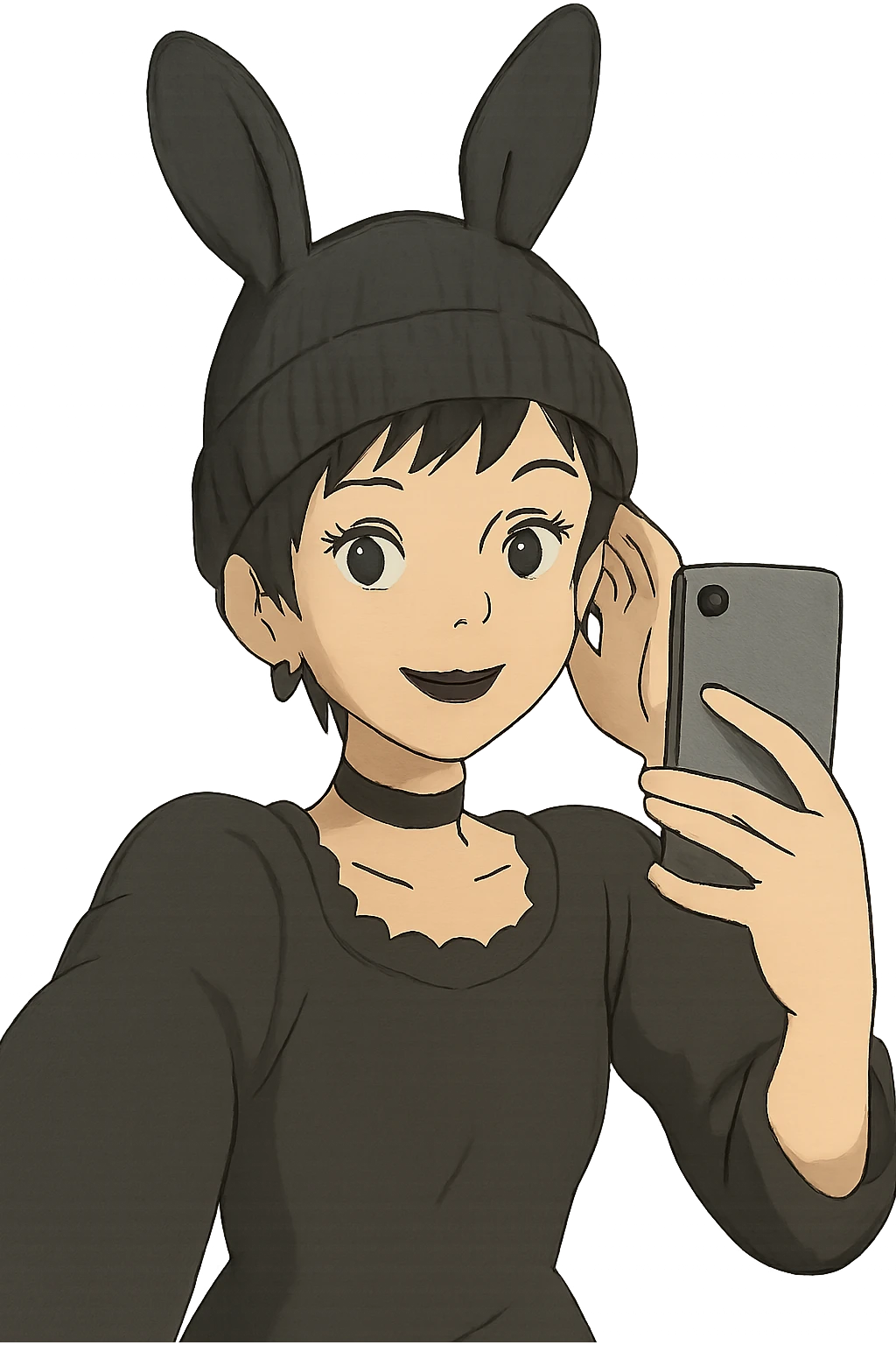 1 female, gothic pixie with a bunny ears beanie cute selfie  emoji