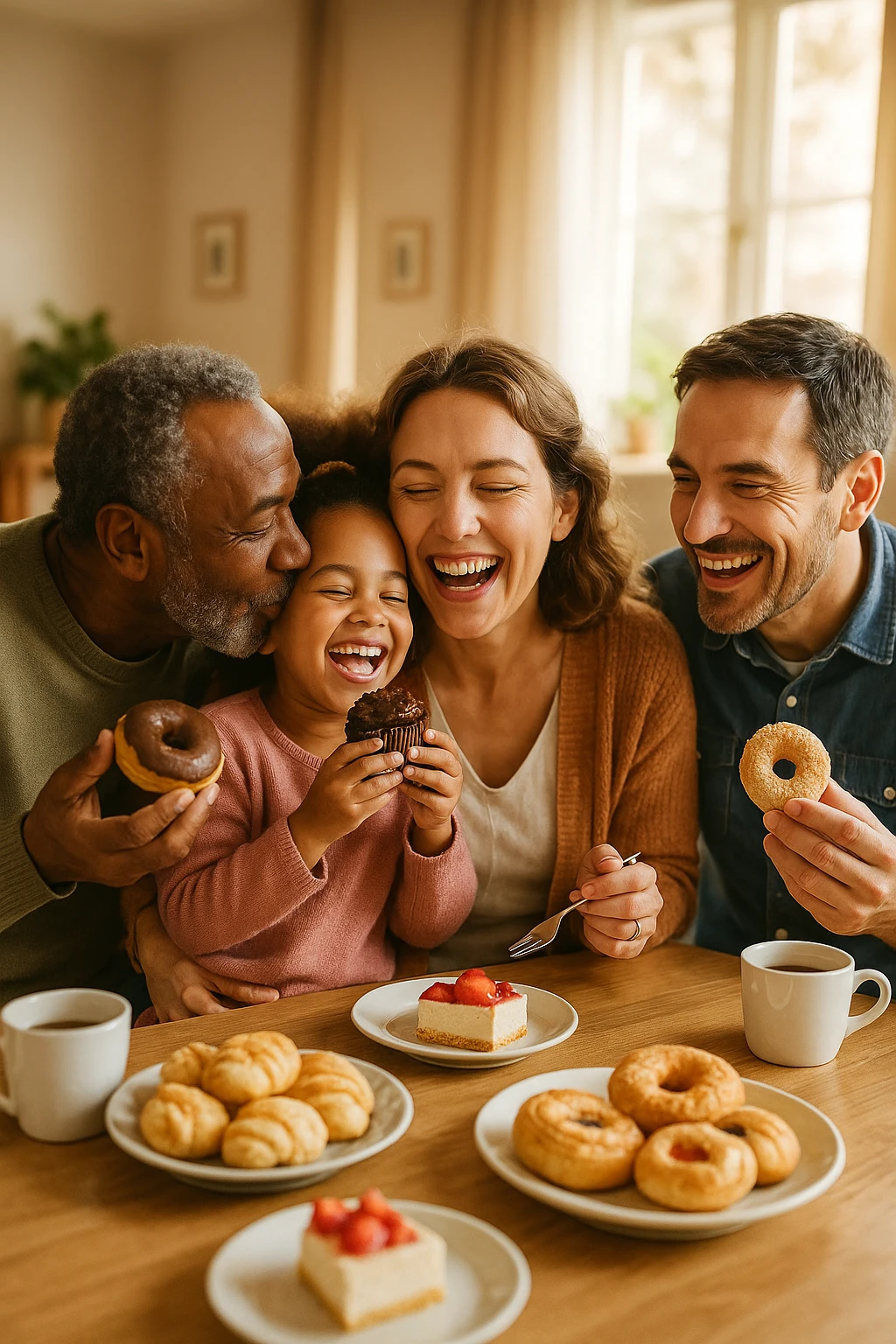 famiglia unita che dà amore e riceve amore e mangiano insieme dolci felici. realistiche emoji