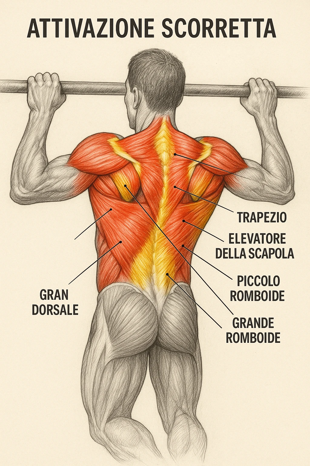 realistic anatomical illustration of pull-up on a bar focusing on incorrect activation of back and scapular muscles, muscles clearly highlighted, Italian captions, aspect ratio 2:3 emoji