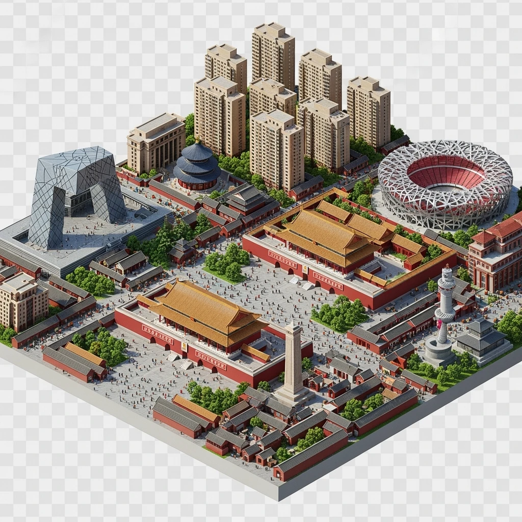 Isometric miniature of Beijing Forbidden City, Tiananmen Square, CCTV Headquarters, Temple of Heaven, Bird’s Nest Stadium and crowded hutong alleys, sprawling apartment blocks, 3D miniature effect and Tilt Shift effect, no cartoonish look, transparent background. emoji