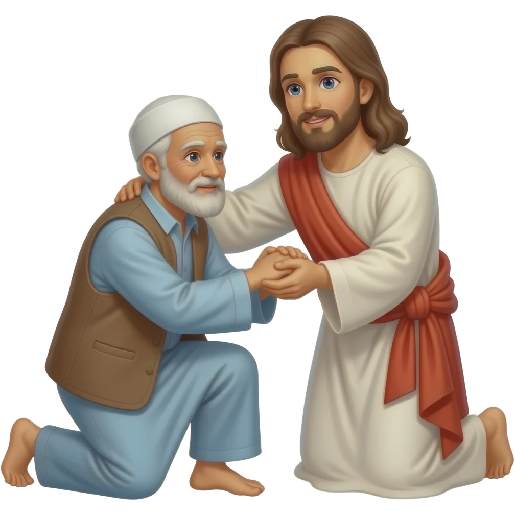 Иисус поднимате за руку с колен пожилого мужчину мусульманиа, мужчина без обуви emoji