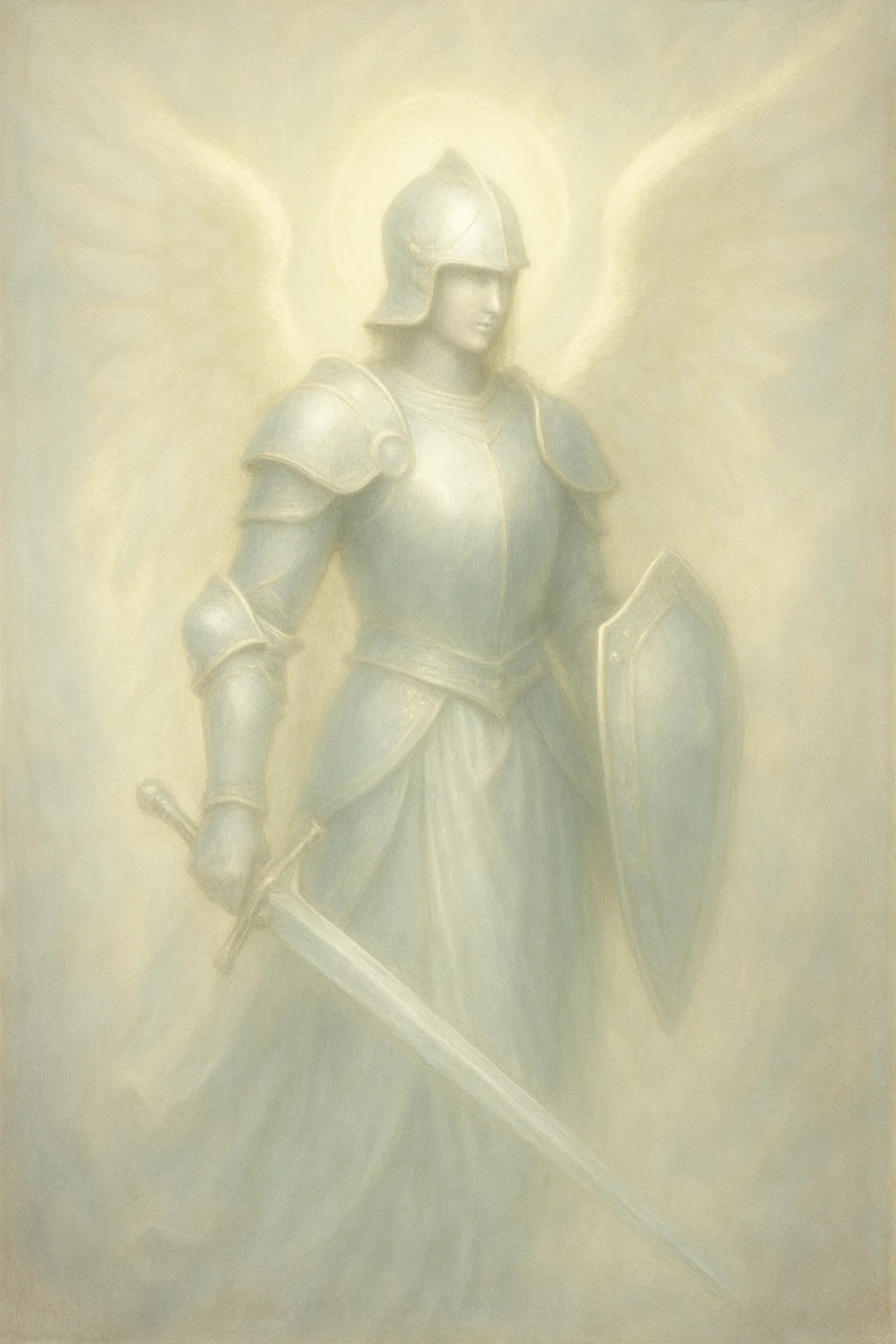 an angel knight with elegant armor, sword and shield, ethereal style, soft light emoji