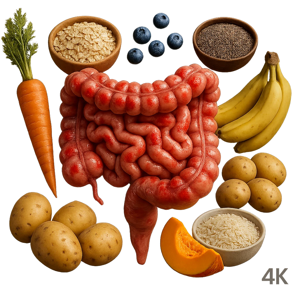 intestino umano anatomico infiammato con carota, bowl di avena, mirtilli, bowl di semi di chia, patate, banane, zucca, bowl di riso che gli fluttuano dietro, iperrealistico 4k emoji