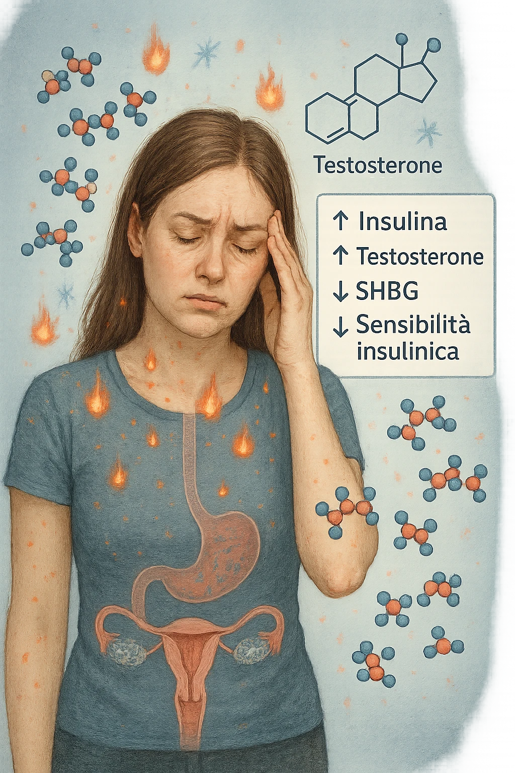 Donna tra i 25 e i 35 anni in primo piano, con espressione affaticata. Intorno al suo corpo appaiono in modo stilizzato e simbolico squilibri ormonali: molecole di insulina in eccesso fluttuano attorno, androgeni (testosterone) evidenziati sopra la testa, segnali visivi di infiammazione cronica lieve. Sopra le ovaie (visibili in trasparenza) compaiono piccole cisti multiple. Accanto a lei, un diagramma stilizzato mostra: '↑ Insulina', '↑ Testosterone', '↓ SHBG', '↓ Sensibilità insulinica'. L’atmosfera è scientifica, educativa ma empatica. Stile realistico con elementi infografici fluttuanti e colori freddi ma puliti. in italiano emoji