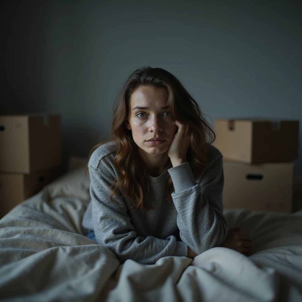 young woman sitting on her bed surrounded by moving boxes, tired face and teary eyes, half-empty room, melancholic atmosphere, cold lighting, hyperrealistic 4K details emoji