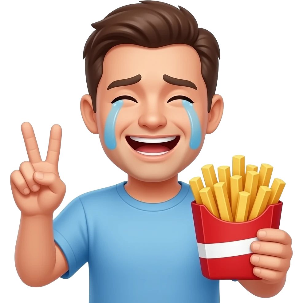 person holding fries while having a peace sign in the other hand while crying laughing emoji