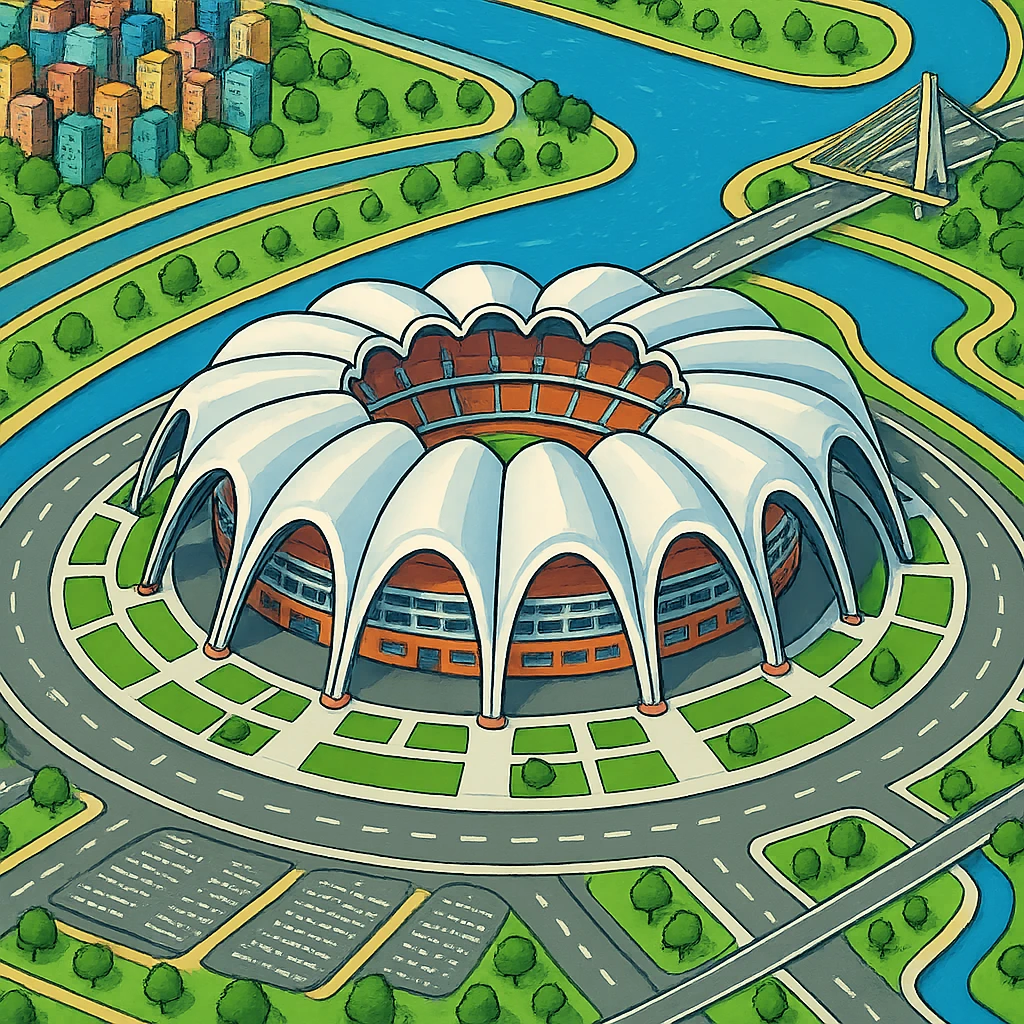 Изометричная, яркая, детализированная иллюстрация стадиона Rungrado 1st of May Stadium в стиле 3D-коллажей городов, насыщенные цвета, аккуратные линии, мультяшно-реалистичная стилистика. Чёткие контуры, прозрачный фон, высокое качество. emoji