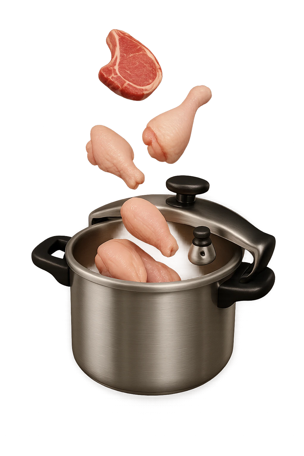 emoji stile iphone in 3d di una pentola a pressione dentro cui cadono agnello, pollo e tacchino crudi da cuocere, iperrealistico 4k emoji