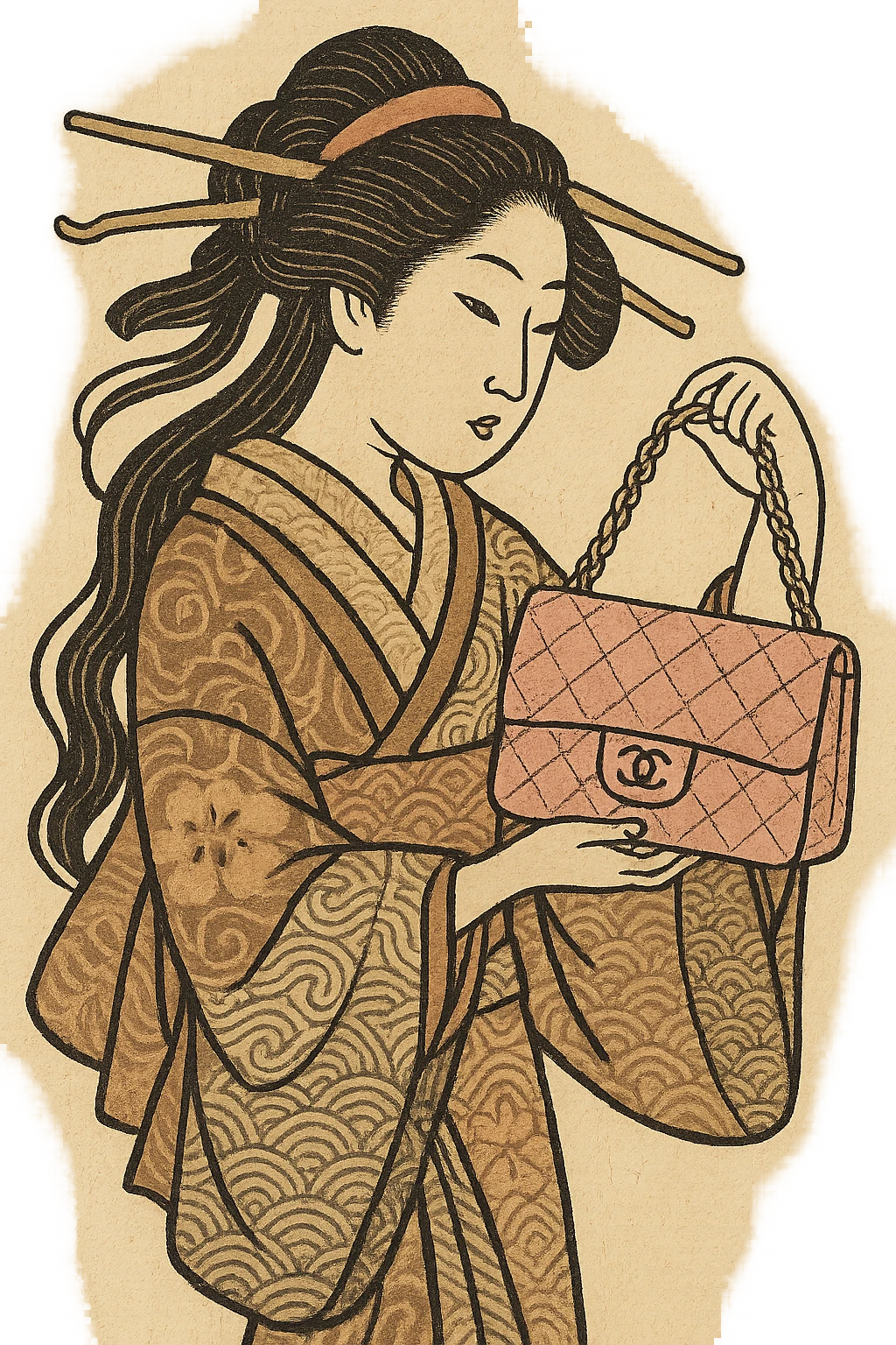 pink Chanel purse, Japanese woodblock print inspired, ukiyo-e style emoji