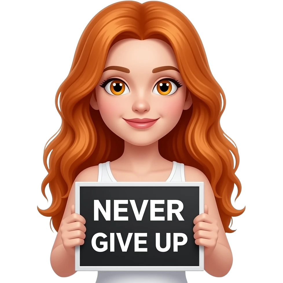 sexy girl with long ginger hair and ginger eyes wearing a white tanktop is holding a black sign with NEVER GIVE UP written on it emoji
