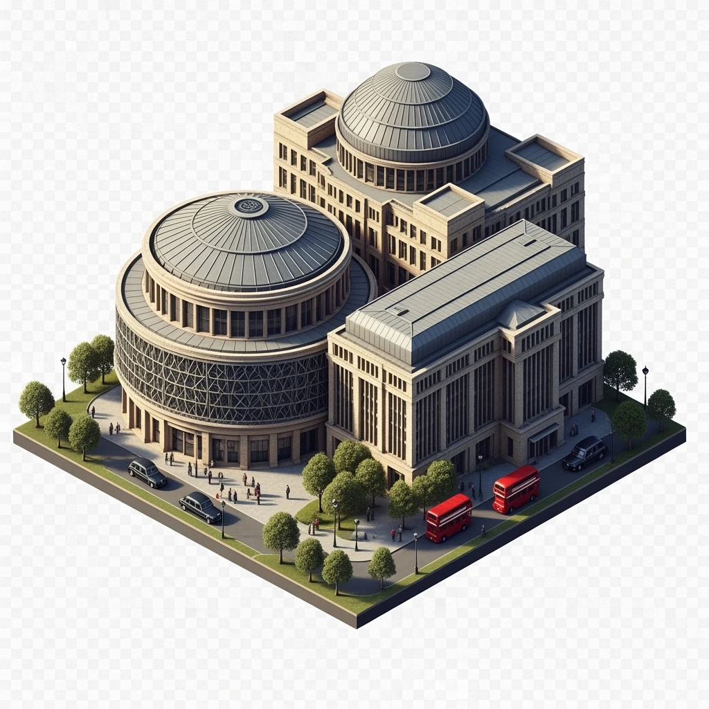 Isometric illustration of photorealistic Birmingham library highly detailed in semi-realistic, 3D miniature effect, transparent background. emoji