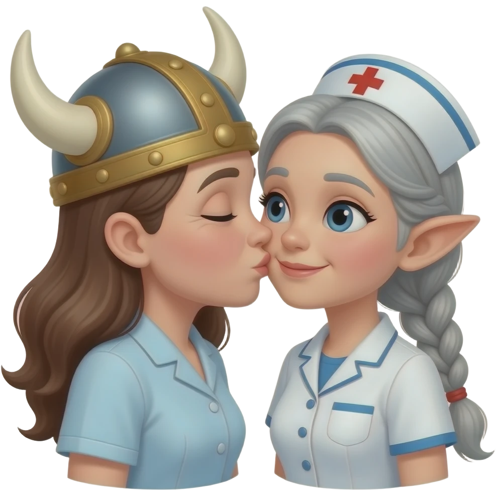 Viking hat gray braids old woman kissing pixie hair brunette elderly nurse emoji