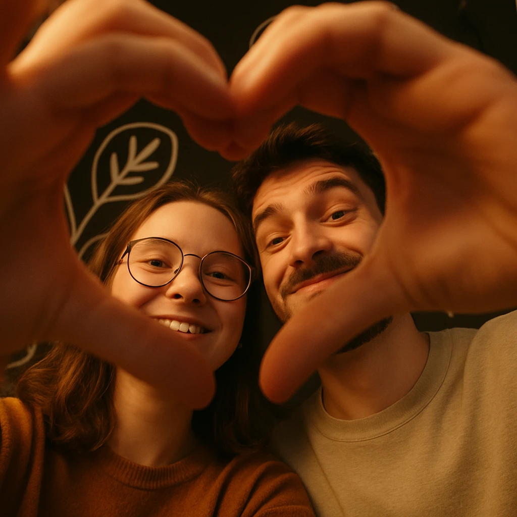 Two friends taking a selfie from a low angle, faces surrounded by their hands forming a heart shape. One has round glasses, the other a small beard and a playful smile. Soft light, warm ambiance, white graphic decor on a dark background behind. emoji