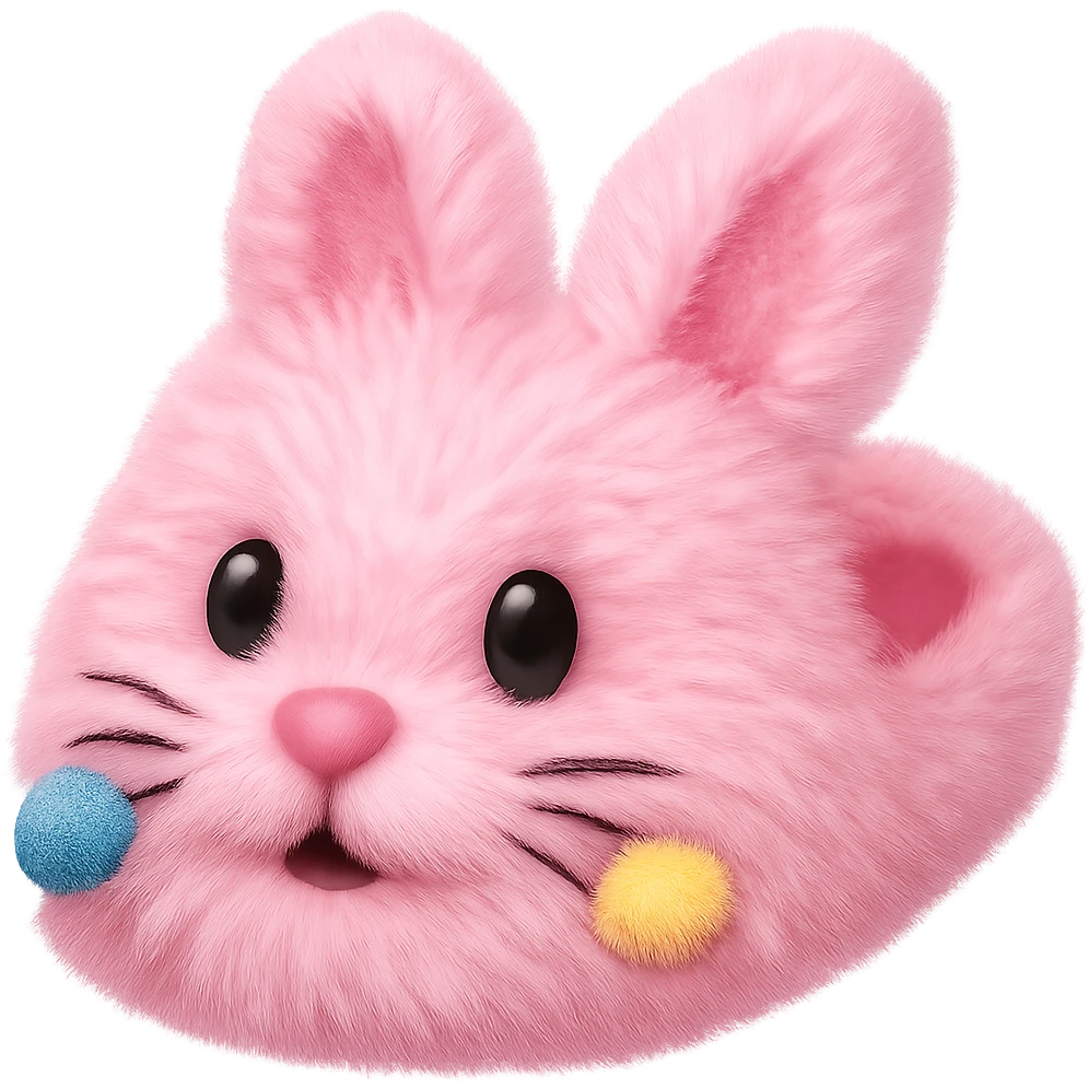 Make the light pink bunny slippers with a cute face look extra fluffy in the style of emoji (apple style emojis). emoji