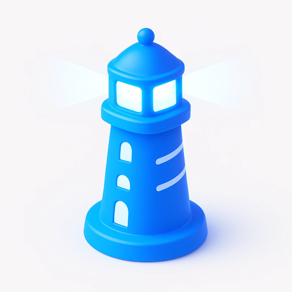 3D lighthouse, blue and navy, AI technology vibe, ultra-modern and streamlined emoji