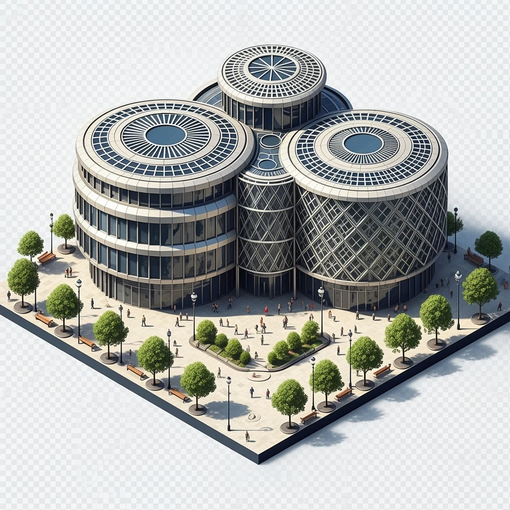 Isometric photorealistic illustration of Birmingham library highly detailed in semi-realistic, 3D miniature effect, transparent background. emoji