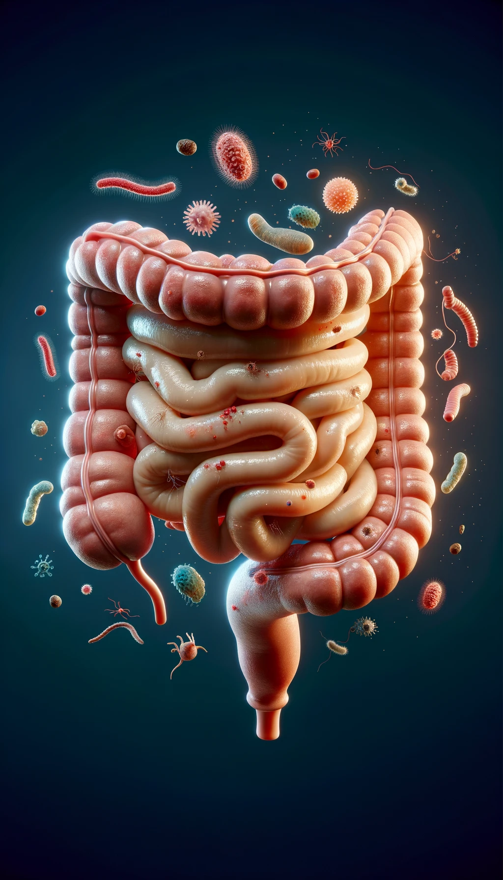 intestino umano realistico con batteri e parassiti che gli fluttuano intorno, iperrealistico 4k emoji