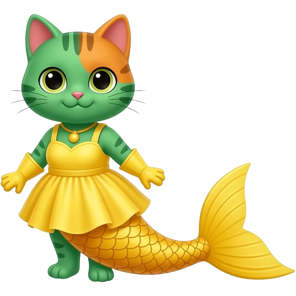 green and orange cat with yellow dress attached to yellow mermaid tail with yellow gloves emoji