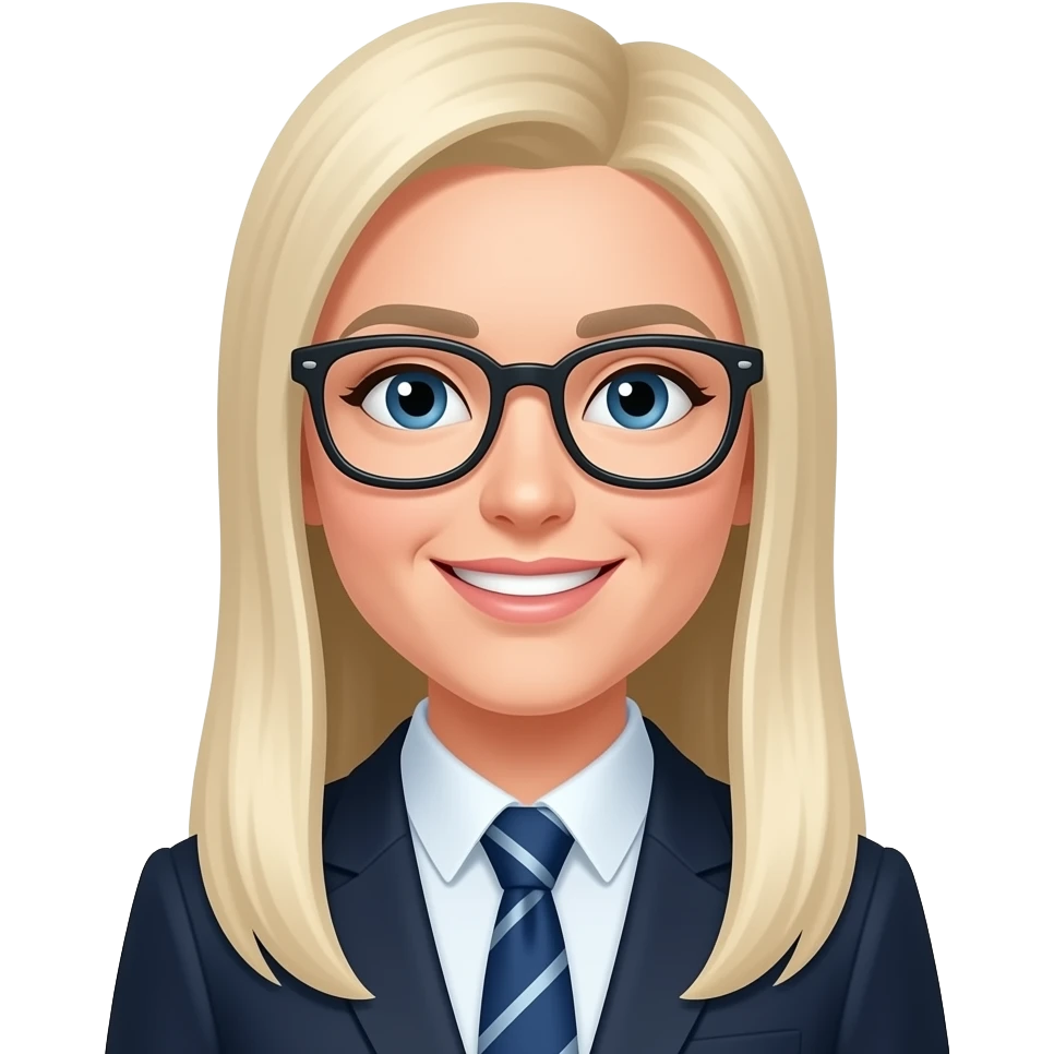 HAPPY, white, very longlong striaght blonde hair, teacher  with glasses emoji