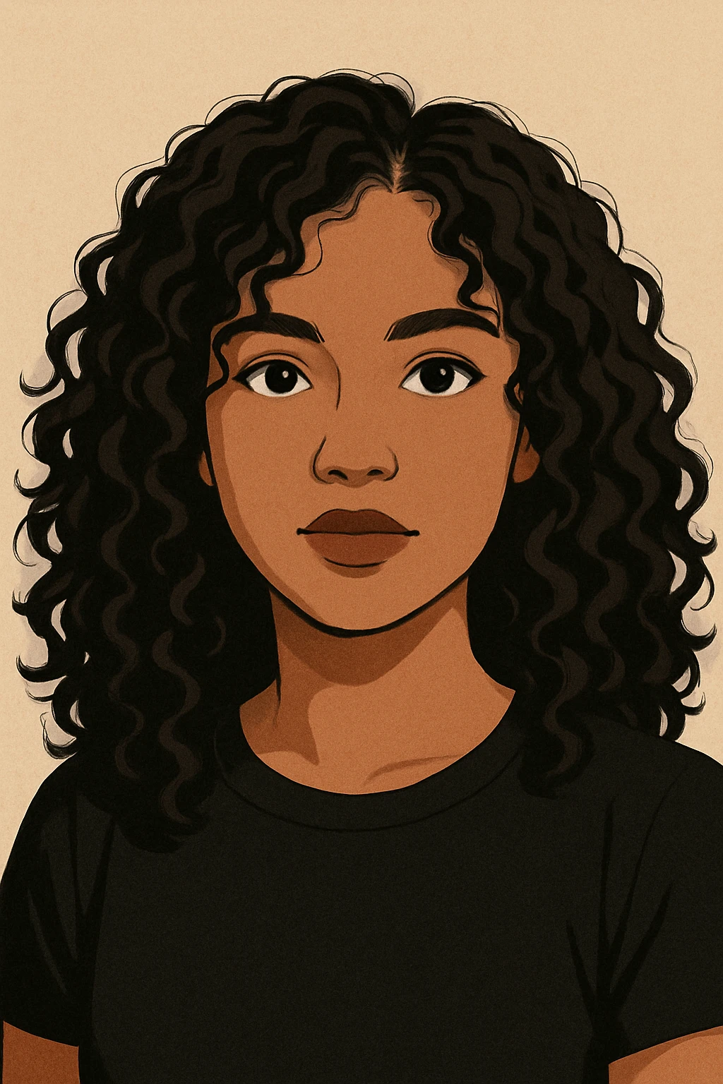 portrait of a girl with 2b dark brown curly hair, brown eyes, brown lips, slightly morena skin, wearing a black t-shirt, modern illustration style emoji